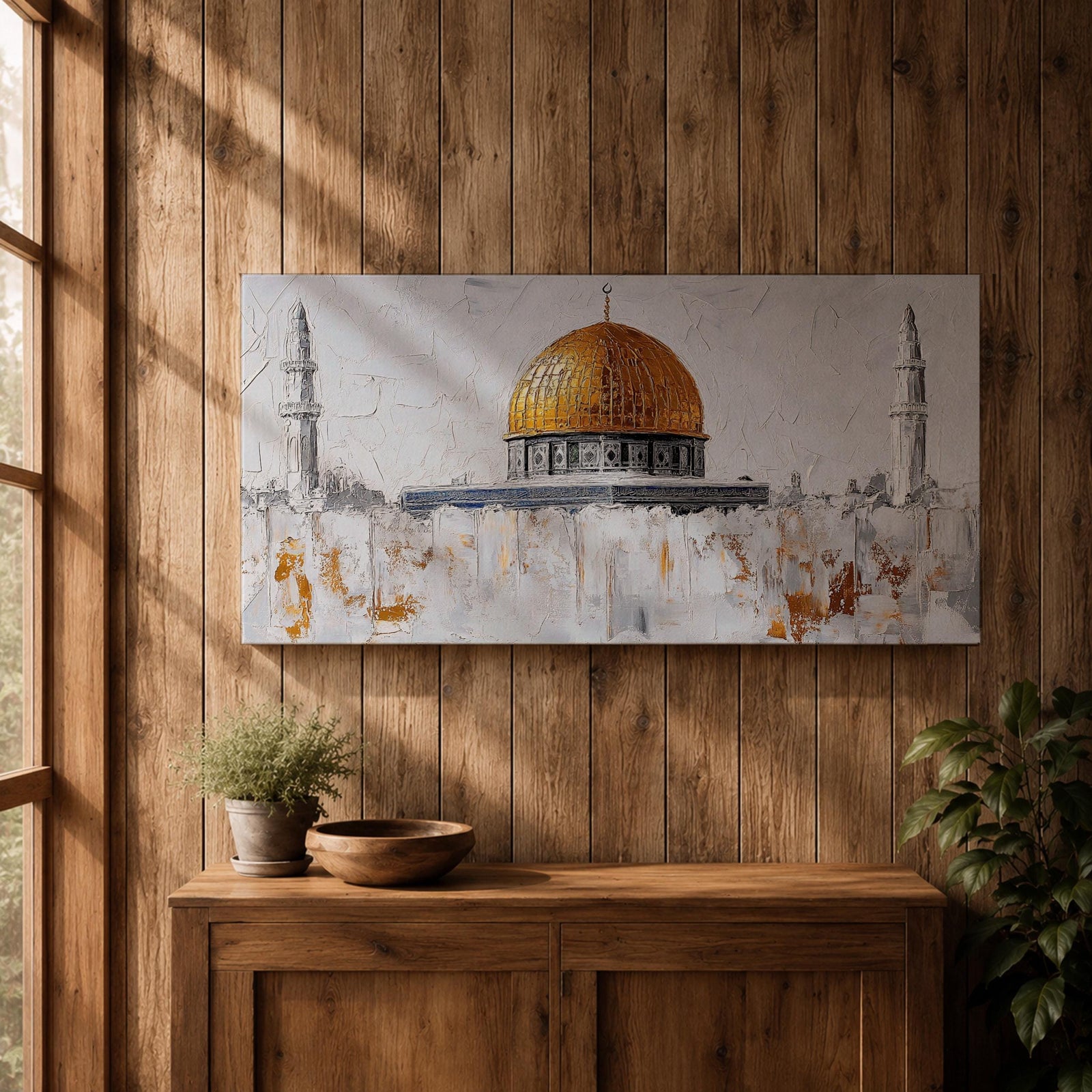 Panoramic painting of the Dome of the Rock with its large golden dome rising above pale stone structures and slender minarets. Textured brushstrokes create a minimalist Jerusalem skyline with white and gray architectural forms accented by gold highlights and subtle abstract layers across the historic mosque complex.