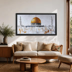 Panoramic painting of the Dome of the Rock with its large golden dome rising above pale stone structures and slender minarets. Textured brushstrokes create a minimalist Jerusalem skyline with white and gray architectural forms accented by gold highlights and subtle abstract layers across the historic mosque complex.