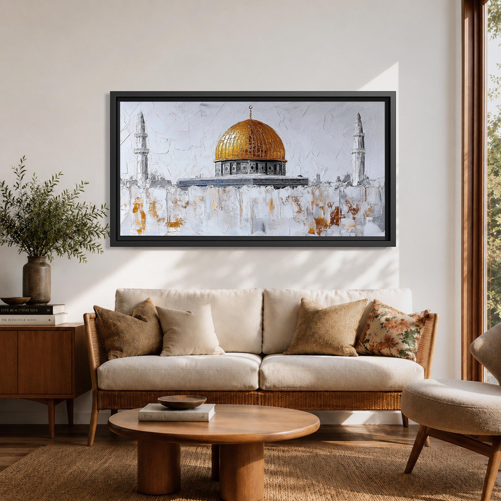 Panoramic painting of the Dome of the Rock with its large golden dome rising above pale stone structures and slender minarets. Textured brushstrokes create a minimalist Jerusalem skyline with white and gray architectural forms accented by gold highlights and subtle abstract layers across the historic mosque complex.