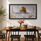 Panoramic painting of the Dome of the Rock with its large golden dome rising above pale stone structures and slender minarets. Textured brushstrokes create a minimalist Jerusalem skyline with white and gray architectural forms accented by gold highlights and subtle abstract layers across the historic mosque complex.