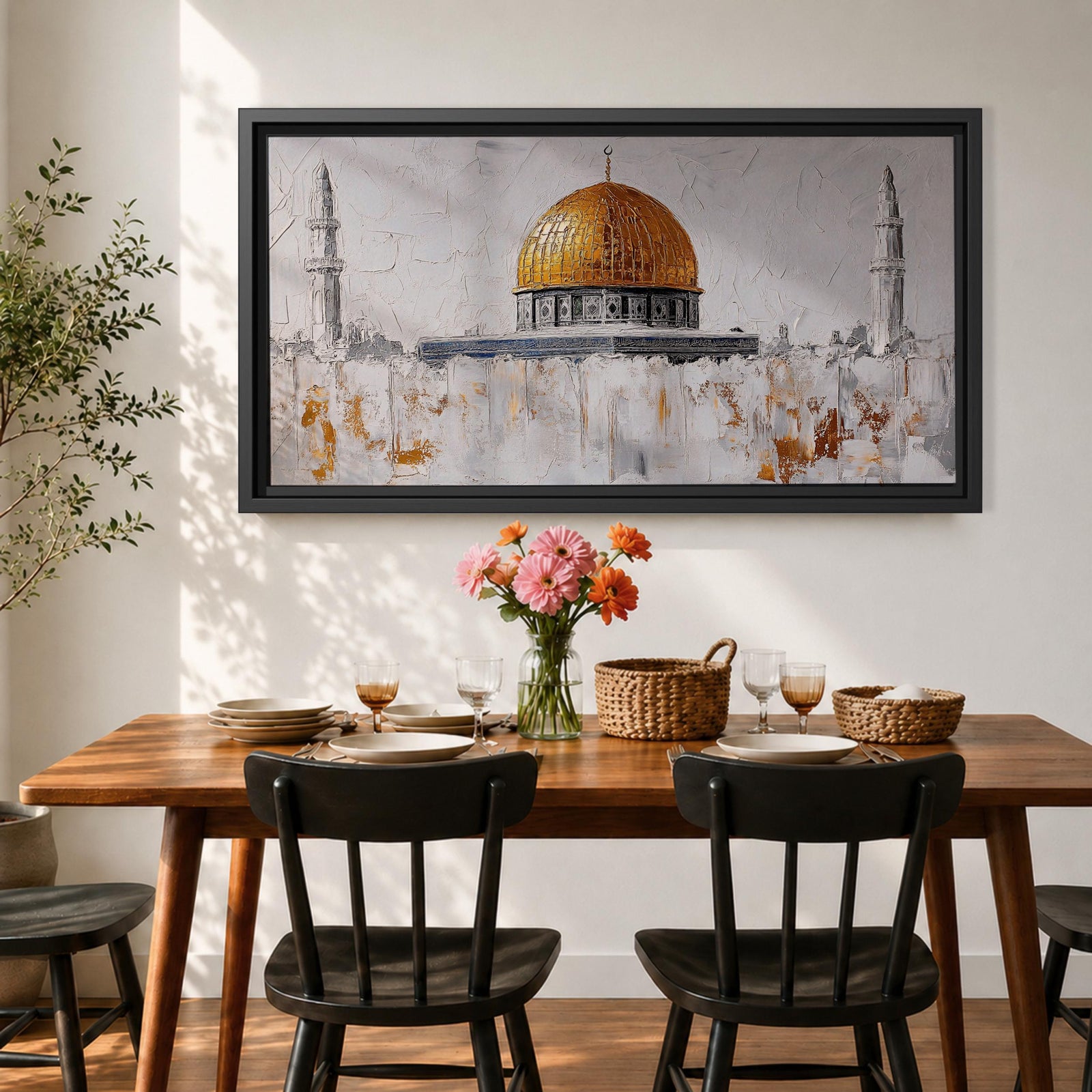 Panoramic painting of the Dome of the Rock with its large golden dome rising above pale stone structures and slender minarets. Textured brushstrokes create a minimalist Jerusalem skyline with white and gray architectural forms accented by gold highlights and subtle abstract layers across the historic mosque complex.