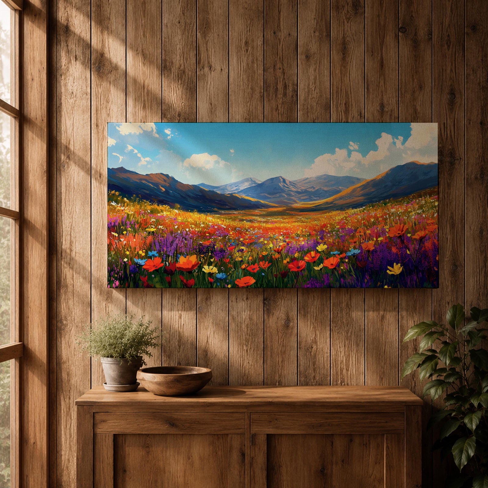 Panoramic painting of a vibrant mountain meadow filled with colorful wildflowers stretching toward distant alpine peaks. Red, yellow, purple, and blue blossoms cover the valley floor beneath a bright sky with soft clouds, while layered mountains rise along the horizon in a luminous natural landscape.