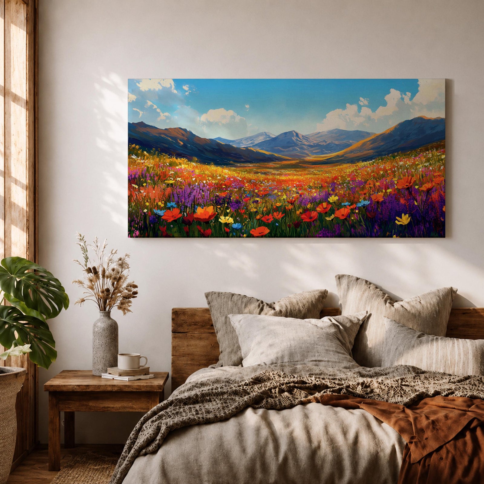 Panoramic painting of a vibrant mountain meadow filled with colorful wildflowers stretching toward distant alpine peaks. Red, yellow, purple, and blue blossoms cover the valley floor beneath a bright sky with soft clouds, while layered mountains rise along the horizon in a luminous natural landscape.