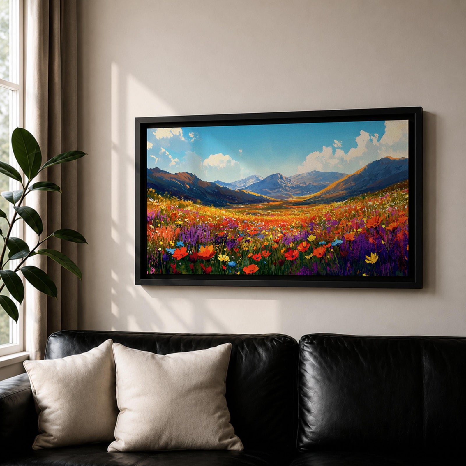 Panoramic painting of a vibrant mountain meadow filled with colorful wildflowers stretching toward distant alpine peaks. Red, yellow, purple, and blue blossoms cover the valley floor beneath a bright sky with soft clouds, while layered mountains rise along the horizon in a luminous natural landscape.