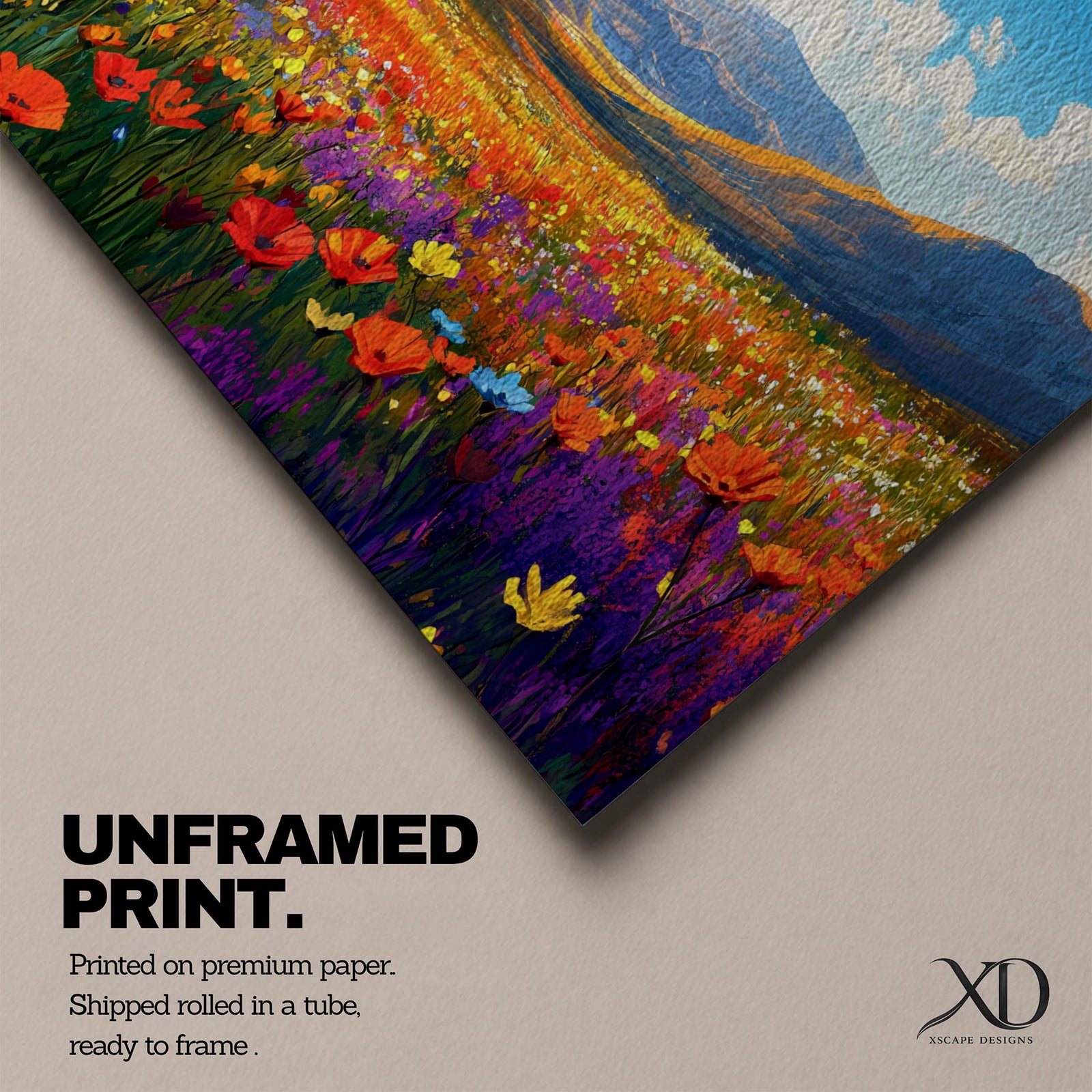 Panoramic painting of a vibrant mountain meadow filled with colorful wildflowers stretching toward distant alpine peaks. Red, yellow, purple, and blue blossoms cover the valley floor beneath a bright sky with soft clouds, while layered mountains rise along the horizon in a luminous natural landscape.
