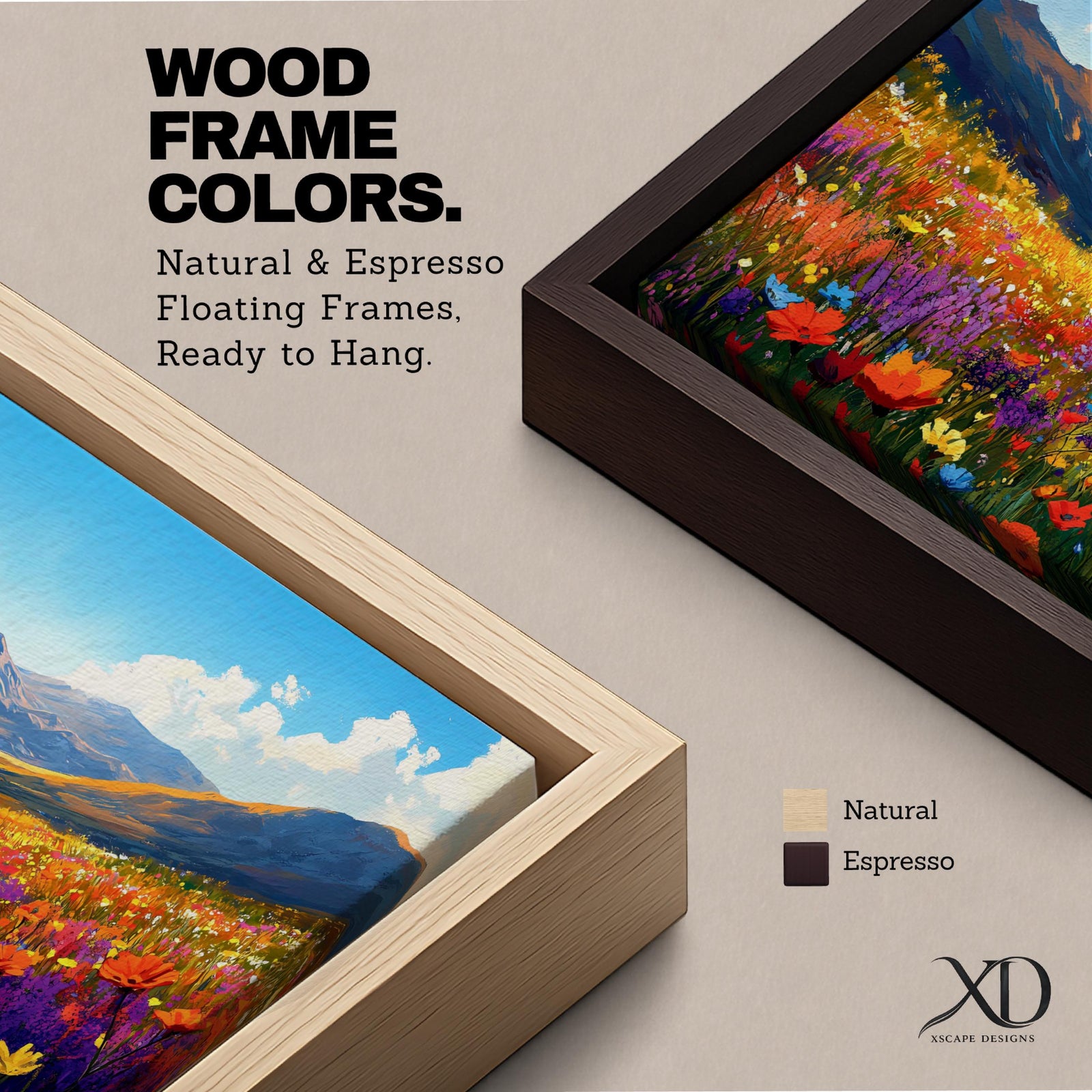 Panoramic painting of a vibrant mountain meadow filled with colorful wildflowers stretching toward distant alpine peaks. Red, yellow, purple, and blue blossoms cover the valley floor beneath a bright sky with soft clouds, while layered mountains rise along the horizon in a luminous natural landscape.