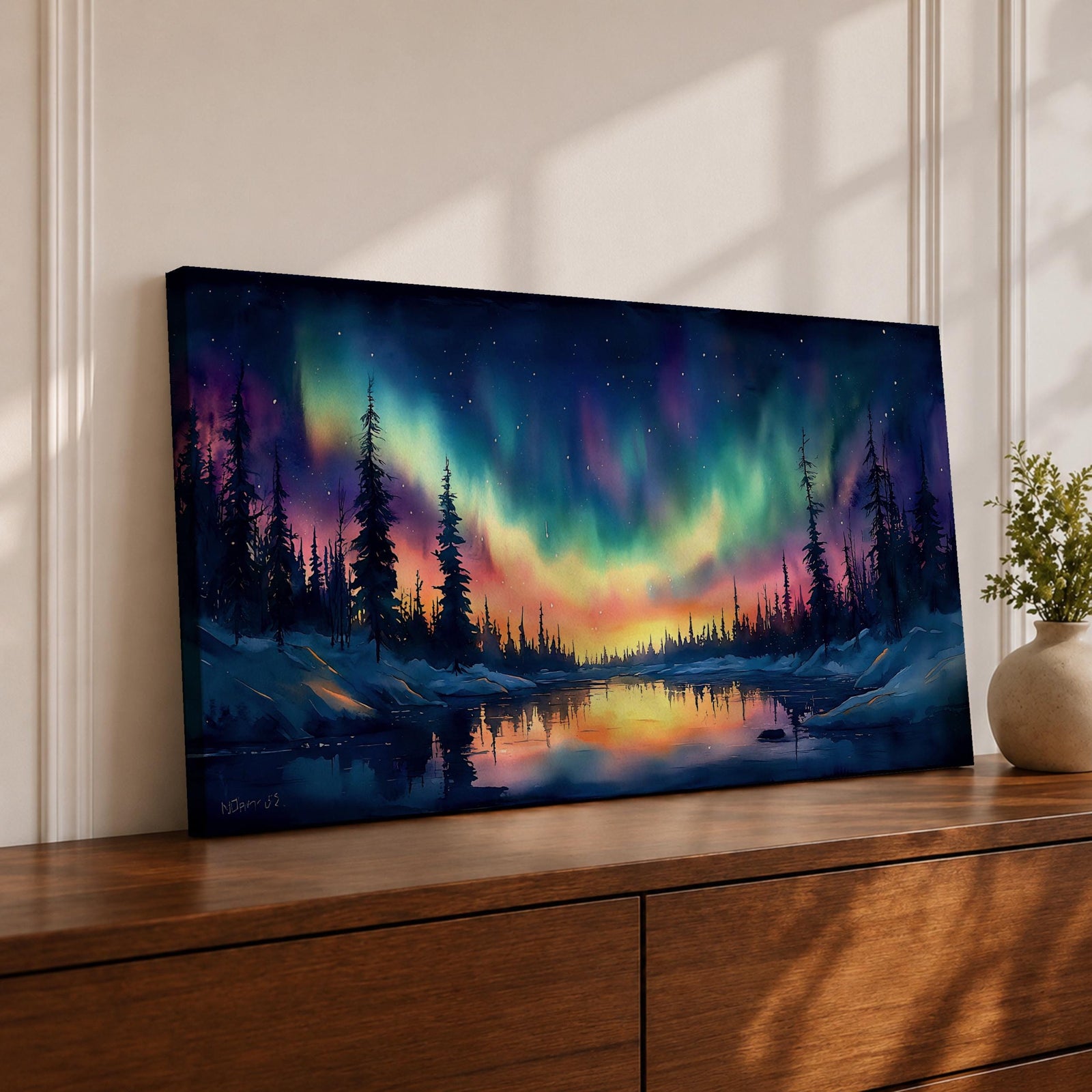 Panoramic painting of the northern lights glowing across a winter sky above a frozen river and dark pine forest. Vibrant green, purple, and blue aurora waves stretch across the night while colorful reflections shimmer on the icy water beneath a star filled sky.
