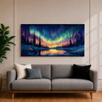 Panoramic painting of the northern lights glowing across a winter sky above a frozen river and dark pine forest. Vibrant green, purple, and blue aurora waves stretch across the night while colorful reflections shimmer on the icy water beneath a star filled sky.