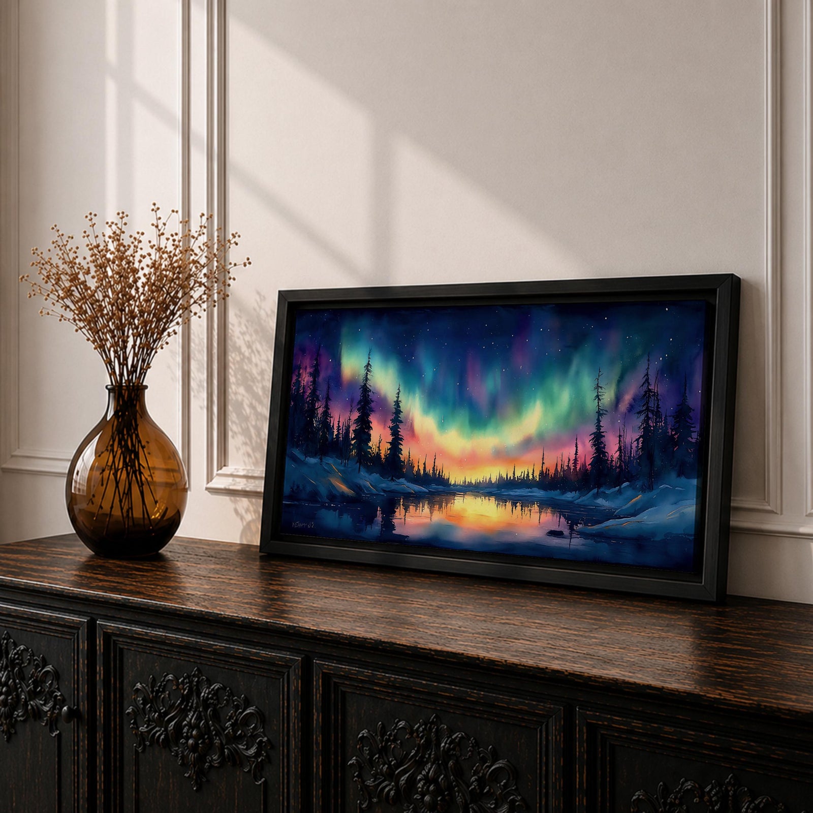 Panoramic painting of the northern lights glowing across a winter sky above a frozen river and dark pine forest. Vibrant green, purple, and blue aurora waves stretch across the night while colorful reflections shimmer on the icy water beneath a star filled sky.