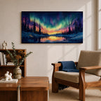 Panoramic painting of the northern lights glowing across a winter sky above a frozen river and dark pine forest. Vibrant green, purple, and blue aurora waves stretch across the night while colorful reflections shimmer on the icy water beneath a star filled sky.