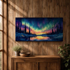 Panoramic painting of the northern lights glowing across a winter sky above a frozen river and dark pine forest. Vibrant green, purple, and blue aurora waves stretch across the night while colorful reflections shimmer on the icy water beneath a star filled sky.