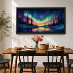 Panoramic painting of the northern lights glowing across a winter sky above a frozen river and dark pine forest. Vibrant green, purple, and blue aurora waves stretch across the night while colorful reflections shimmer on the icy water beneath a star filled sky.