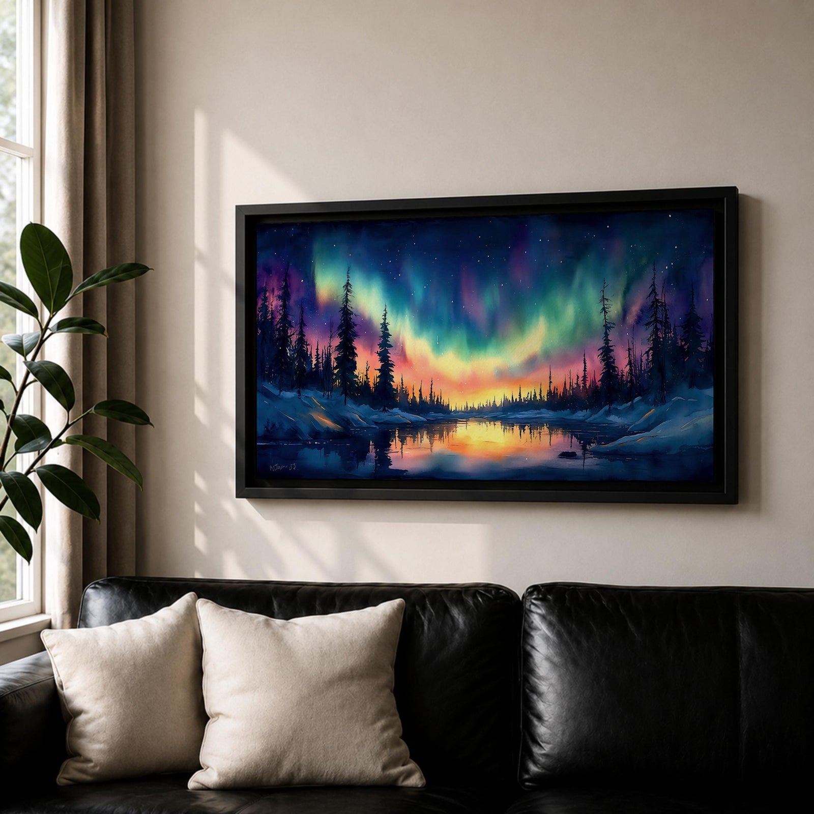 Panoramic painting of the northern lights glowing across a winter sky above a frozen river and dark pine forest. Vibrant green, purple, and blue aurora waves stretch across the night while colorful reflections shimmer on the icy water beneath a star filled sky.