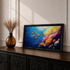 Panoramic painting of a vibrant coral reef scene with colorful tropical fish swimming through deep blue water. Bright coral formations in pink, orange, yellow, and purple spread across the seabed while small golden fish glide above the reef in a lively underwater composition.