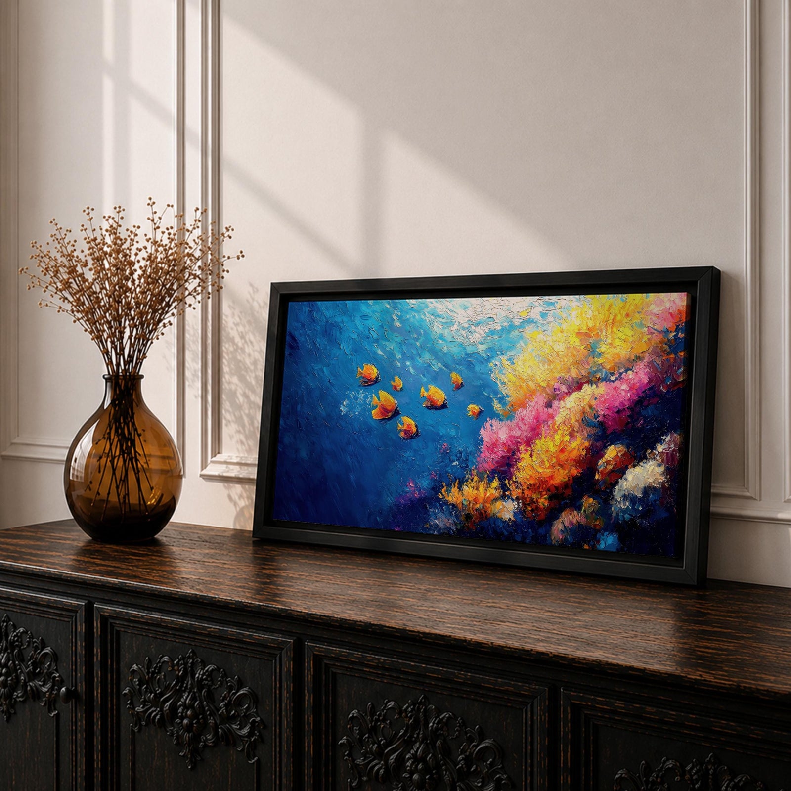 Panoramic painting of a vibrant coral reef scene with colorful tropical fish swimming through deep blue water. Bright coral formations in pink, orange, yellow, and purple spread across the seabed while small golden fish glide above the reef in a lively underwater composition.