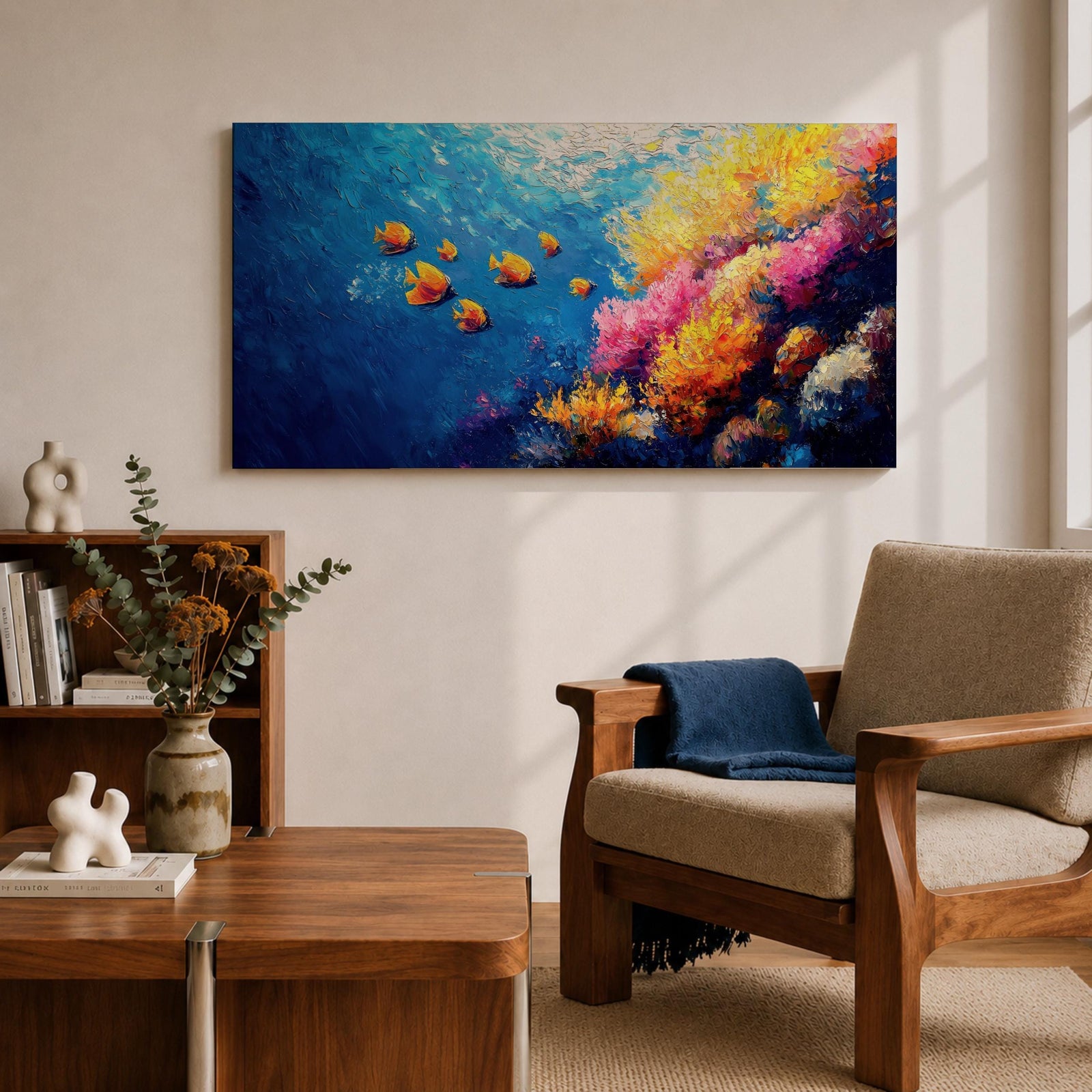 Panoramic painting of a vibrant coral reef scene with colorful tropical fish swimming through deep blue water. Bright coral formations in pink, orange, yellow, and purple spread across the seabed while small golden fish glide above the reef in a lively underwater composition.