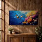 Panoramic painting of a vibrant coral reef scene with colorful tropical fish swimming through deep blue water. Bright coral formations in pink, orange, yellow, and purple spread across the seabed while small golden fish glide above the reef in a lively underwater composition.