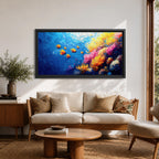Panoramic painting of a vibrant coral reef scene with colorful tropical fish swimming through deep blue water. Bright coral formations in pink, orange, yellow, and purple spread across the seabed while small golden fish glide above the reef in a lively underwater composition.