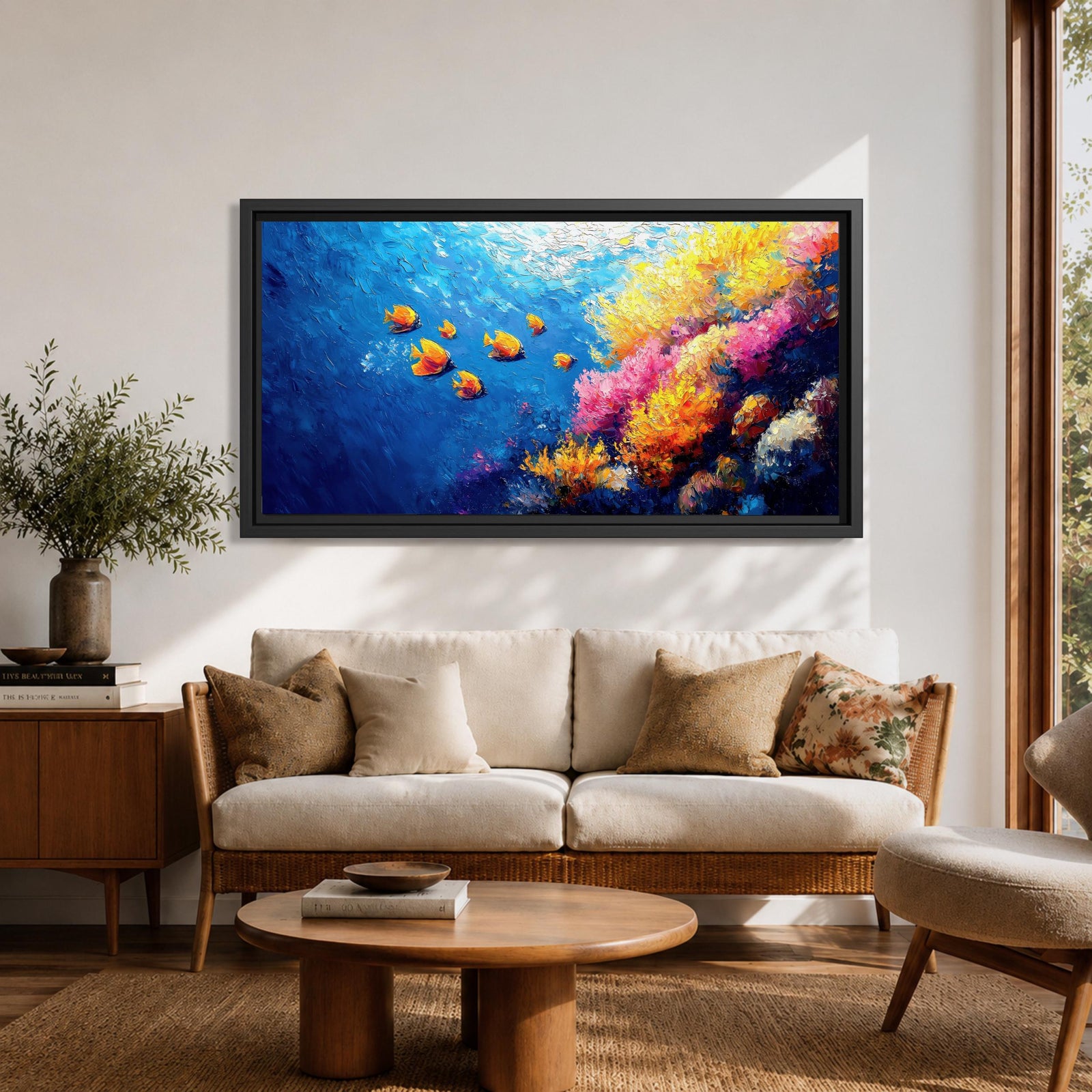 Panoramic painting of a vibrant coral reef scene with colorful tropical fish swimming through deep blue water. Bright coral formations in pink, orange, yellow, and purple spread across the seabed while small golden fish glide above the reef in a lively underwater composition.