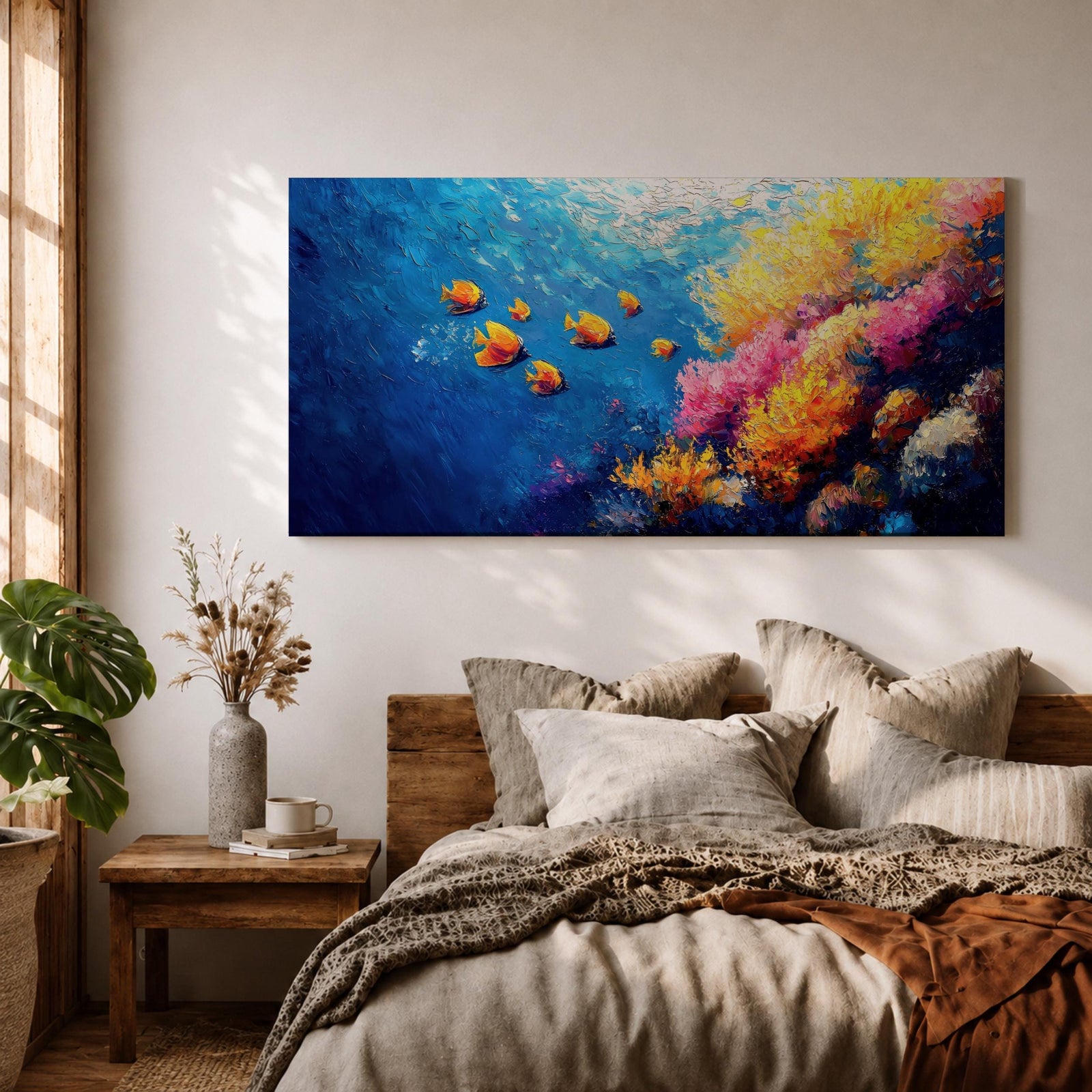 Panoramic painting of a vibrant coral reef scene with colorful tropical fish swimming through deep blue water. Bright coral formations in pink, orange, yellow, and purple spread across the seabed while small golden fish glide above the reef in a lively underwater composition.