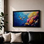 Panoramic painting of a vibrant coral reef scene with colorful tropical fish swimming through deep blue water. Bright coral formations in pink, orange, yellow, and purple spread across the seabed while small golden fish glide above the reef in a lively underwater composition.