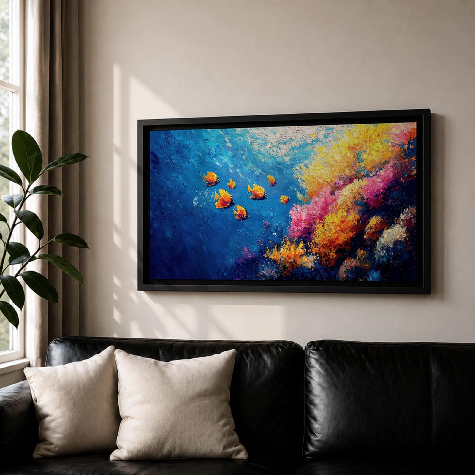 Panoramic painting of a vibrant coral reef scene with colorful tropical fish swimming through deep blue water. Bright coral formations in pink, orange, yellow, and purple spread across the seabed while small golden fish glide above the reef in a lively underwater composition.