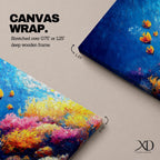 Panoramic painting of a vibrant coral reef scene with colorful tropical fish swimming through deep blue water. Bright coral formations in pink, orange, yellow, and purple spread across the seabed while small golden fish glide above the reef in a lively underwater composition.