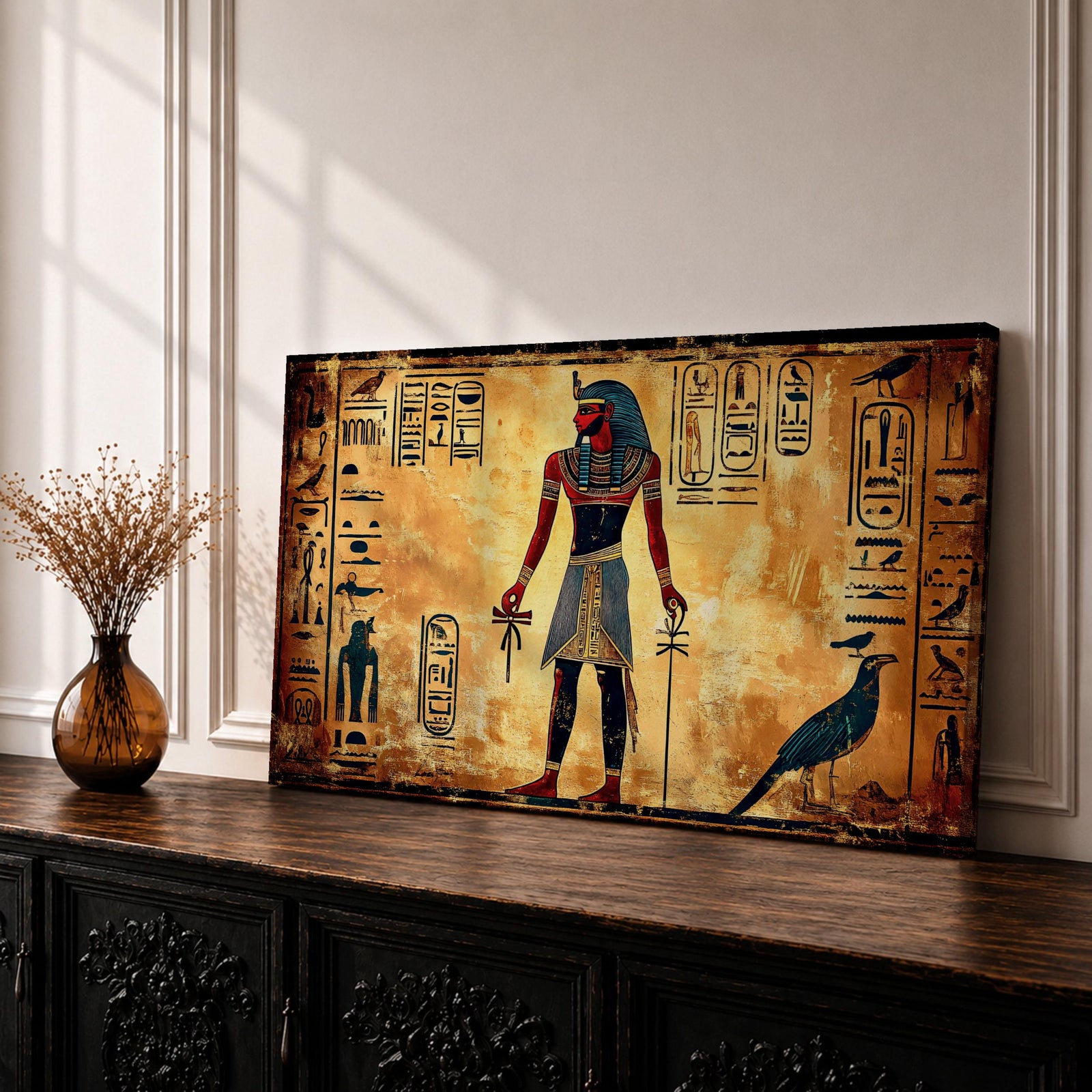Panoramic painting inspired by ancient Egyptian wall art featuring a standing pharaoh figure surrounded by hieroglyphic symbols and traditional motifs. Warm gold and sand tones form a textured background while stylized figures, sacred birds, and vertical hieroglyph panels create a historic Egyptian mural composition.