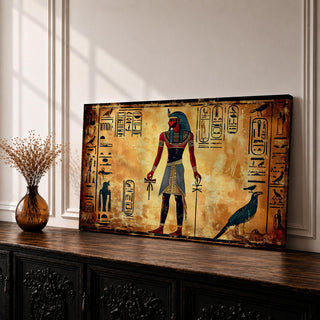 Panoramic painting inspired by ancient Egyptian wall art featuring a standing pharaoh figure surrounded by hieroglyphic symbols and traditional motifs. Warm gold and sand tones form a textured background while stylized figures, sacred birds, and vertical hieroglyph panels create a historic Egyptian mural composition.