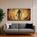 Panoramic painting inspired by ancient Egyptian wall art featuring a standing pharaoh figure surrounded by hieroglyphic symbols and traditional motifs. Warm gold and sand tones form a textured background while stylized figures, sacred birds, and vertical hieroglyph panels create a historic Egyptian mural composition.