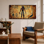 Panoramic painting inspired by ancient Egyptian wall art featuring a standing pharaoh figure surrounded by hieroglyphic symbols and traditional motifs. Warm gold and sand tones form a textured background while stylized figures, sacred birds, and vertical hieroglyph panels create a historic Egyptian mural composition.