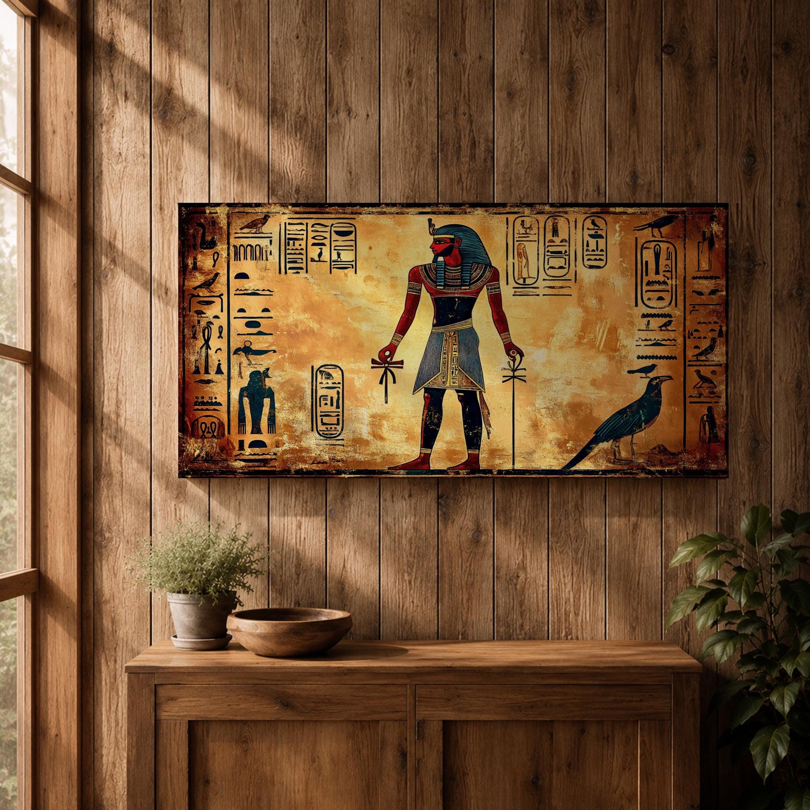 Panoramic painting inspired by ancient Egyptian wall art featuring a standing pharaoh figure surrounded by hieroglyphic symbols and traditional motifs. Warm gold and sand tones form a textured background while stylized figures, sacred birds, and vertical hieroglyph panels create a historic Egyptian mural composition.
