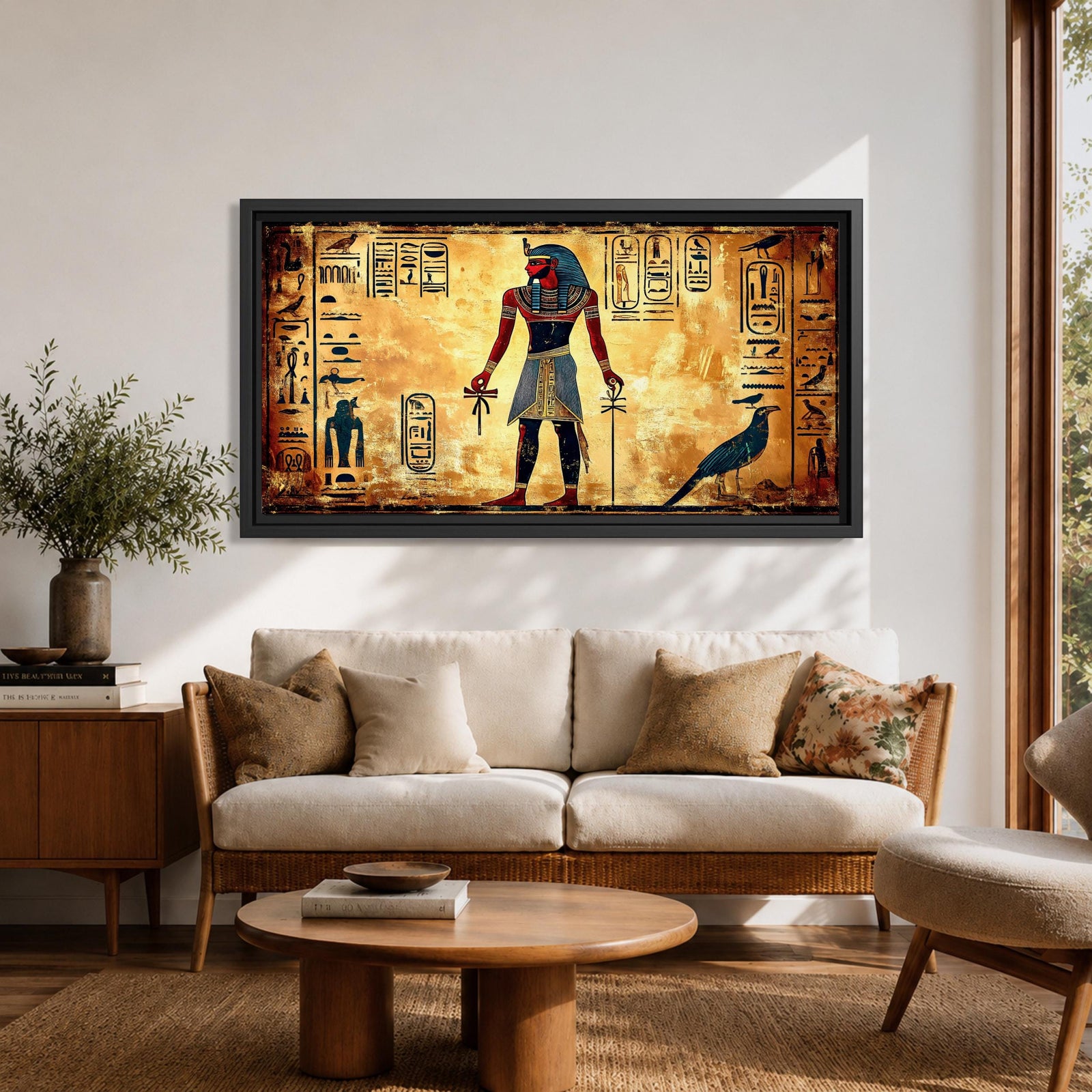 Panoramic painting inspired by ancient Egyptian wall art featuring a standing pharaoh figure surrounded by hieroglyphic symbols and traditional motifs. Warm gold and sand tones form a textured background while stylized figures, sacred birds, and vertical hieroglyph panels create a historic Egyptian mural composition.