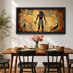 Panoramic painting inspired by ancient Egyptian wall art featuring a standing pharaoh figure surrounded by hieroglyphic symbols and traditional motifs. Warm gold and sand tones form a textured background while stylized figures, sacred birds, and vertical hieroglyph panels create a historic Egyptian mural composition.