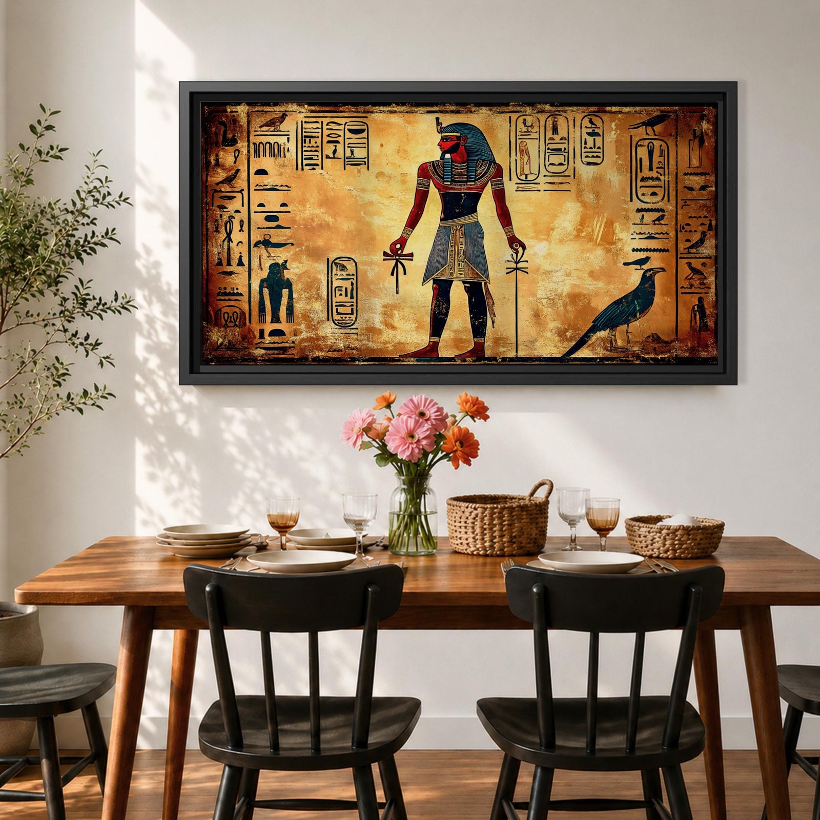 Panoramic painting inspired by ancient Egyptian wall art featuring a standing pharaoh figure surrounded by hieroglyphic symbols and traditional motifs. Warm gold and sand tones form a textured background while stylized figures, sacred birds, and vertical hieroglyph panels create a historic Egyptian mural composition.