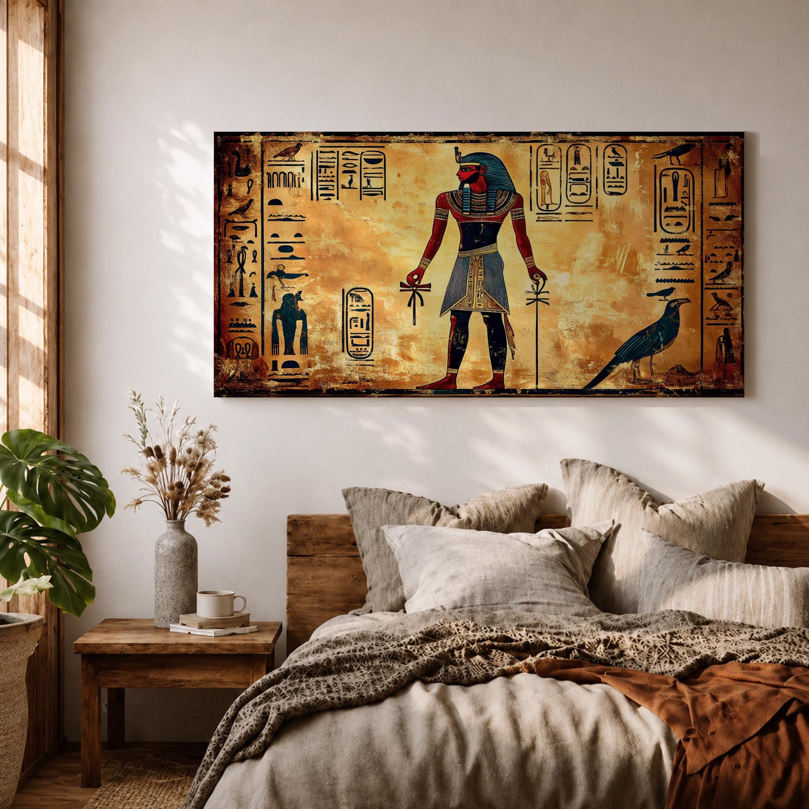 Panoramic painting inspired by ancient Egyptian wall art featuring a standing pharaoh figure surrounded by hieroglyphic symbols and traditional motifs. Warm gold and sand tones form a textured background while stylized figures, sacred birds, and vertical hieroglyph panels create a historic Egyptian mural composition.
