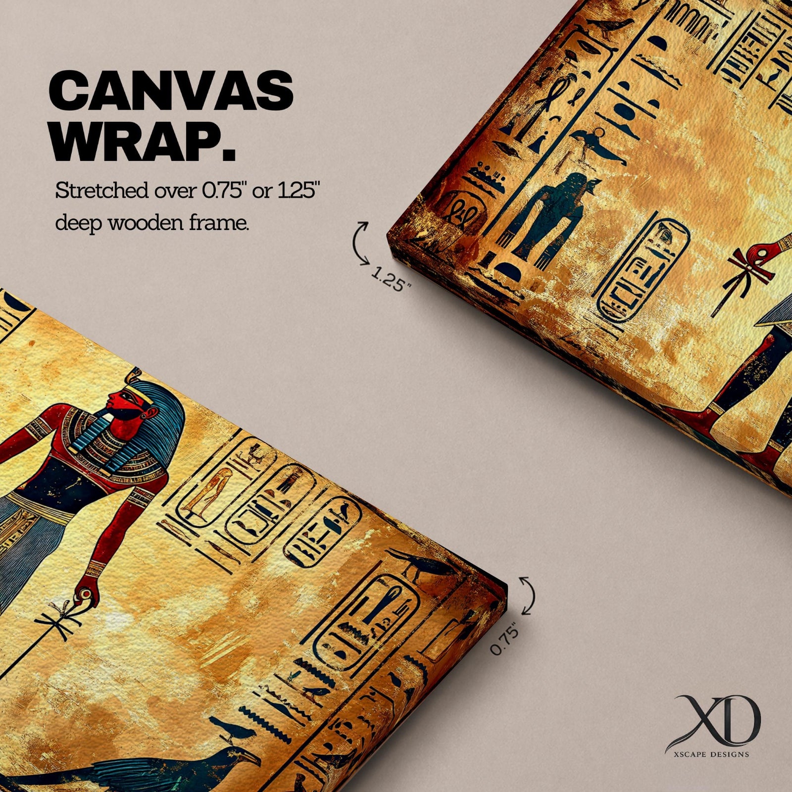 Panoramic painting inspired by ancient Egyptian wall art featuring a standing pharaoh figure surrounded by hieroglyphic symbols and traditional motifs. Warm gold and sand tones form a textured background while stylized figures, sacred birds, and vertical hieroglyph panels create a historic Egyptian mural composition.