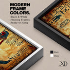 Panoramic painting inspired by ancient Egyptian wall art featuring a standing pharaoh figure surrounded by hieroglyphic symbols and traditional motifs. Warm gold and sand tones form a textured background while stylized figures, sacred birds, and vertical hieroglyph panels create a historic Egyptian mural composition.