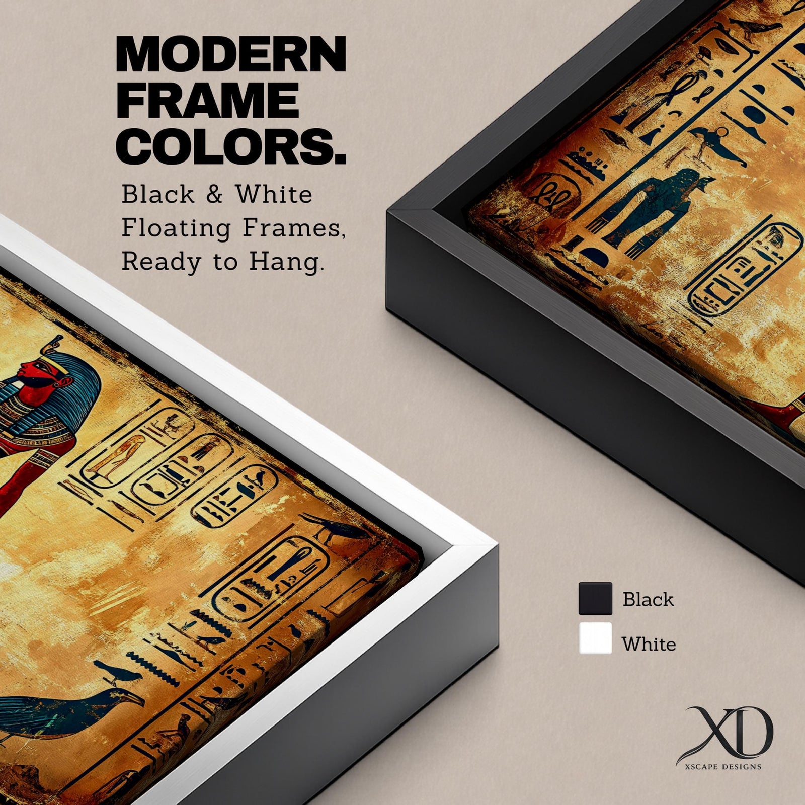 Panoramic painting inspired by ancient Egyptian wall art featuring a standing pharaoh figure surrounded by hieroglyphic symbols and traditional motifs. Warm gold and sand tones form a textured background while stylized figures, sacred birds, and vertical hieroglyph panels create a historic Egyptian mural composition.