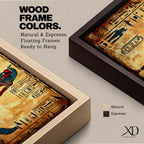 Panoramic painting inspired by ancient Egyptian wall art featuring a standing pharaoh figure surrounded by hieroglyphic symbols and traditional motifs. Warm gold and sand tones form a textured background while stylized figures, sacred birds, and vertical hieroglyph panels create a historic Egyptian mural composition.