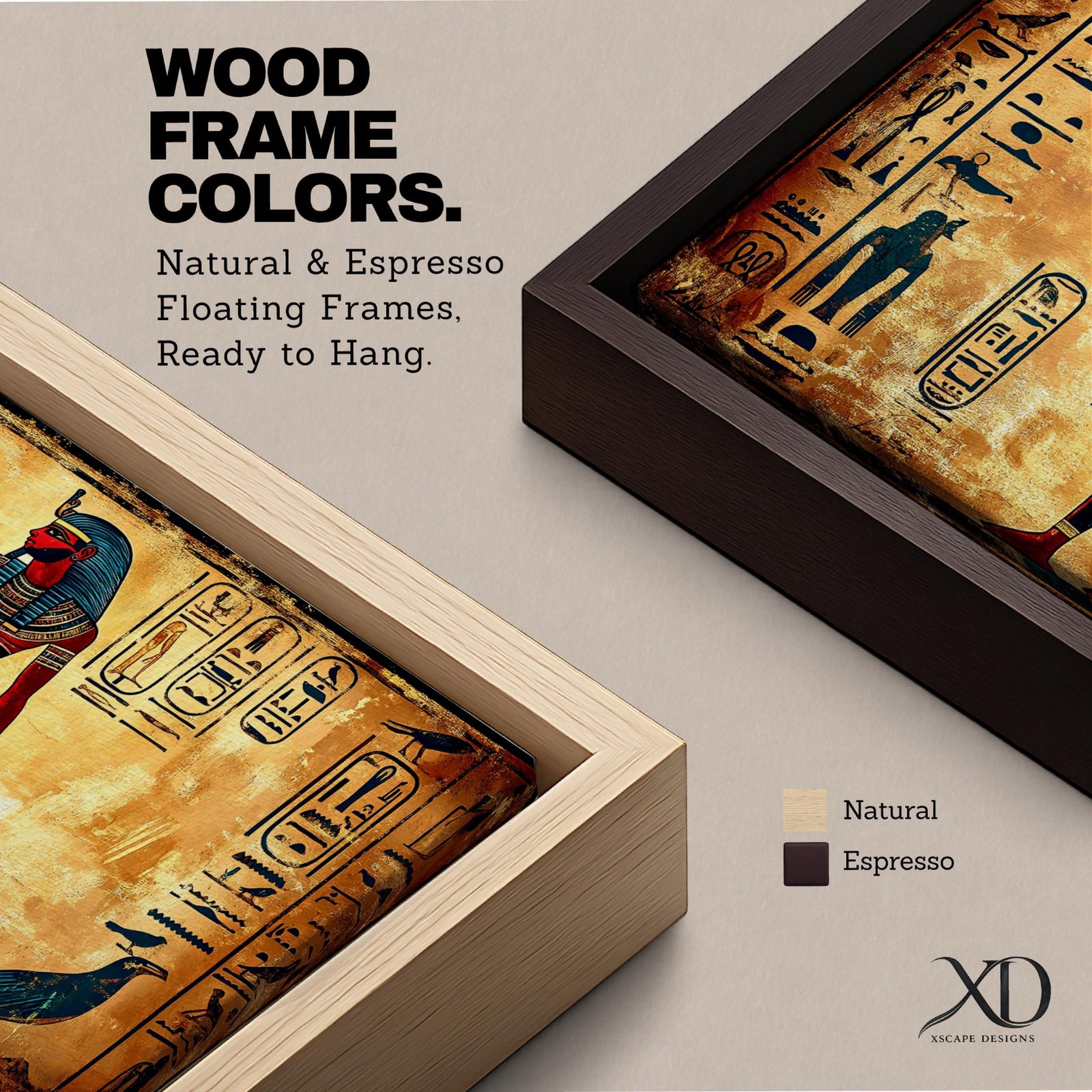 Panoramic painting inspired by ancient Egyptian wall art featuring a standing pharaoh figure surrounded by hieroglyphic symbols and traditional motifs. Warm gold and sand tones form a textured background while stylized figures, sacred birds, and vertical hieroglyph panels create a historic Egyptian mural composition.