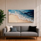 Panoramic painting of ocean waves rolling onto a sandy beach viewed from above. Thick textured brushstrokes form layered blue and turquoise surf breaking across the shoreline while white foam curls along the edge of the sand, creating a dynamic coastal seascape composition.