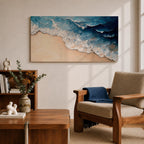 Panoramic painting of ocean waves rolling onto a sandy beach viewed from above. Thick textured brushstrokes form layered blue and turquoise surf breaking across the shoreline while white foam curls along the edge of the sand, creating a dynamic coastal seascape composition.