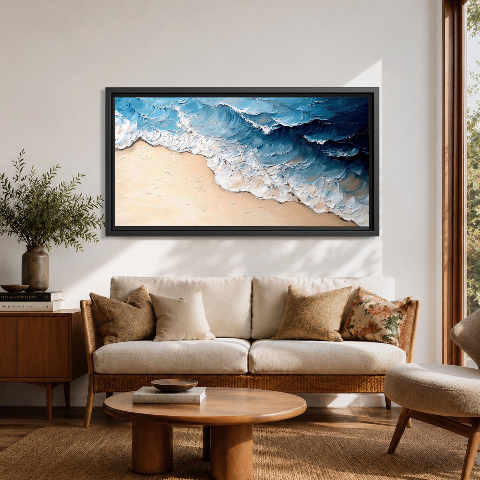 Panoramic painting of ocean waves rolling onto a sandy beach viewed from above. Thick textured brushstrokes form layered blue and turquoise surf breaking across the shoreline while white foam curls along the edge of the sand, creating a dynamic coastal seascape composition.