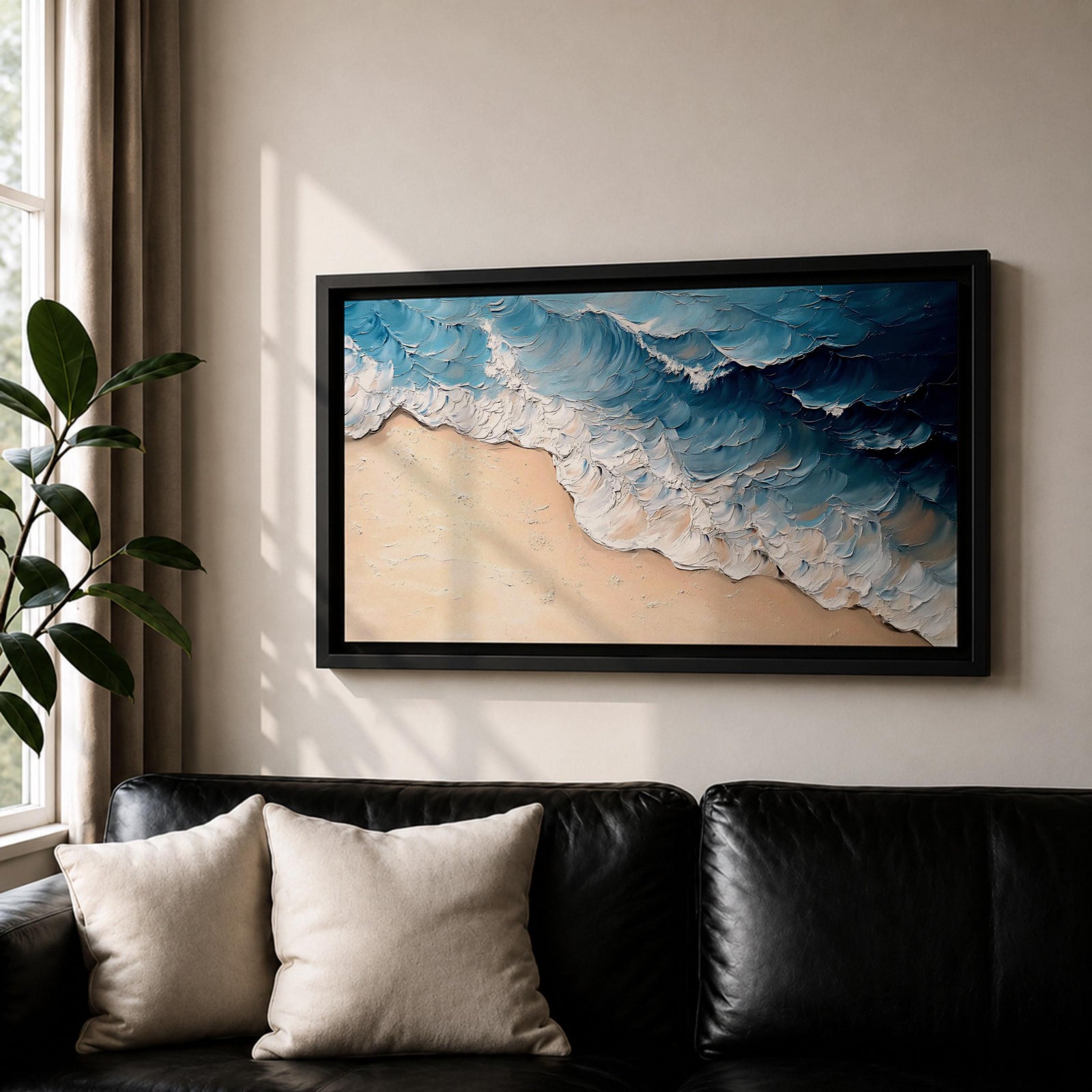 Panoramic painting of ocean waves rolling onto a sandy beach viewed from above. Thick textured brushstrokes form layered blue and turquoise surf breaking across the shoreline while white foam curls along the edge of the sand, creating a dynamic coastal seascape composition.