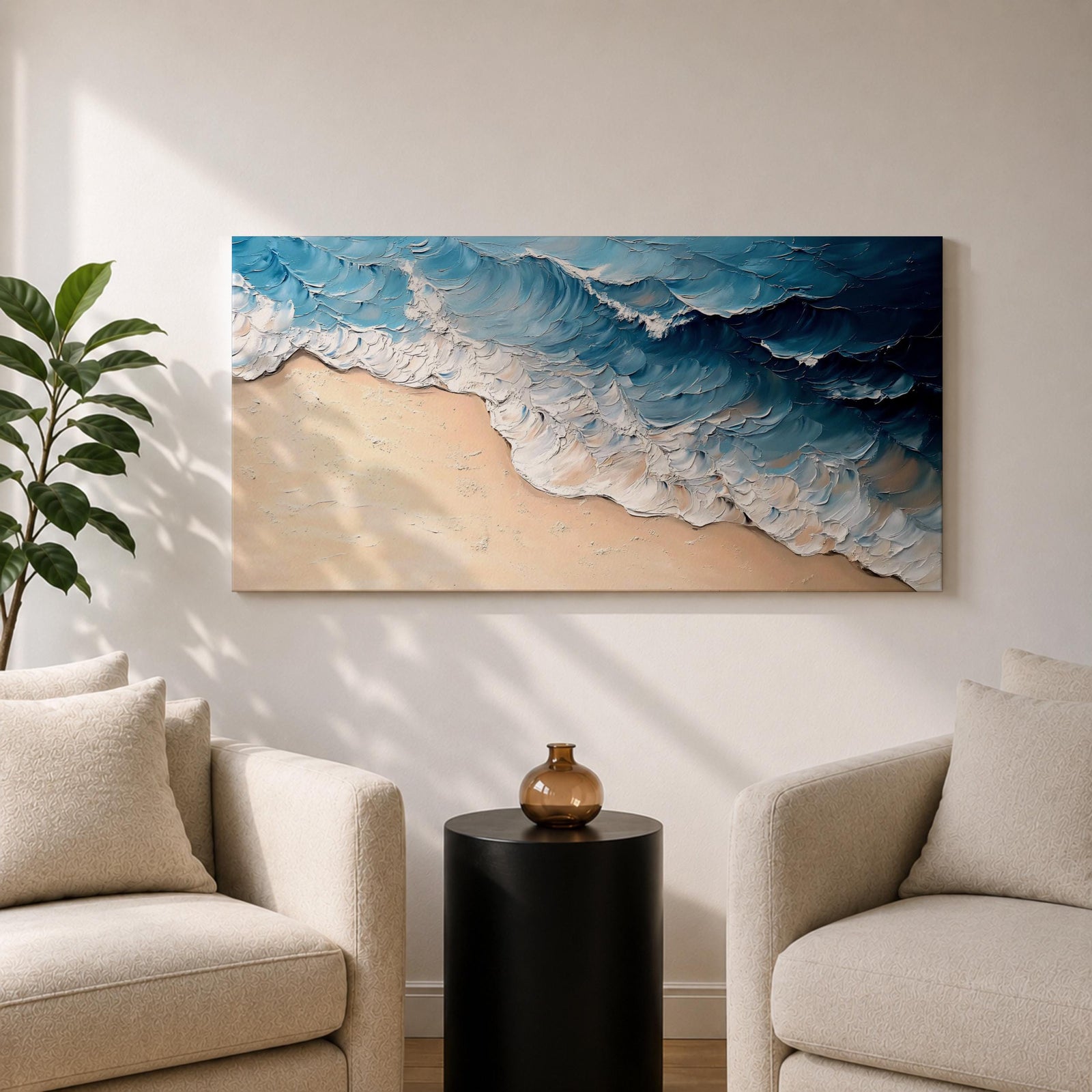 Panoramic painting of ocean waves rolling onto a sandy beach viewed from above. Thick textured brushstrokes form layered blue and turquoise surf breaking across the shoreline while white foam curls along the edge of the sand, creating a dynamic coastal seascape composition.