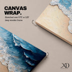 Panoramic painting of ocean waves rolling onto a sandy beach viewed from above. Thick textured brushstrokes form layered blue and turquoise surf breaking across the shoreline while white foam curls along the edge of the sand, creating a dynamic coastal seascape composition.