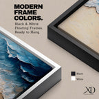 Panoramic painting of ocean waves rolling onto a sandy beach viewed from above. Thick textured brushstrokes form layered blue and turquoise surf breaking across the shoreline while white foam curls along the edge of the sand, creating a dynamic coastal seascape composition.