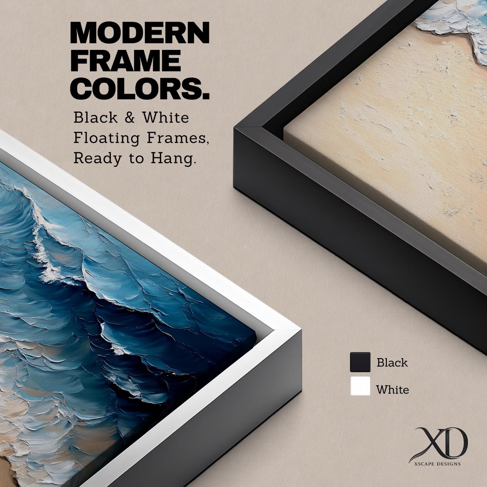 Panoramic painting of ocean waves rolling onto a sandy beach viewed from above. Thick textured brushstrokes form layered blue and turquoise surf breaking across the shoreline while white foam curls along the edge of the sand, creating a dynamic coastal seascape composition.