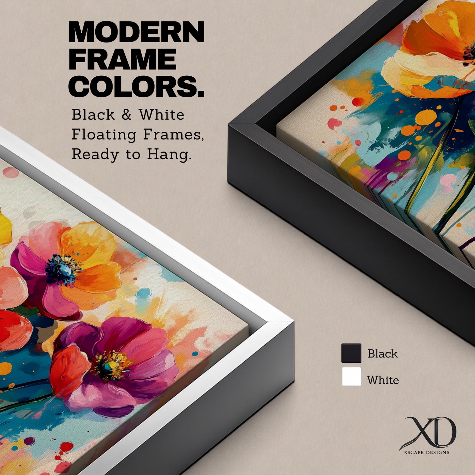 Panoramic painting of vibrant poppy and anemone flowers with large colorful petals in red, orange, yellow, pink, and purple. Expressive brushstrokes and paint splashes create a modern botanical composition with tall stems and abstract color drips against a bright background.